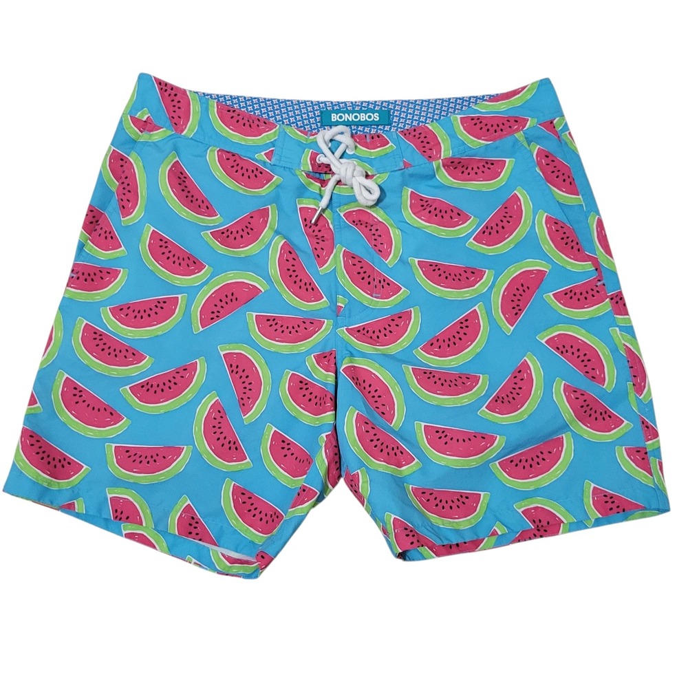 Bonobos Mens Watermelon Print Swim Trunks Blue Pink Board Shorts Lined Size 32